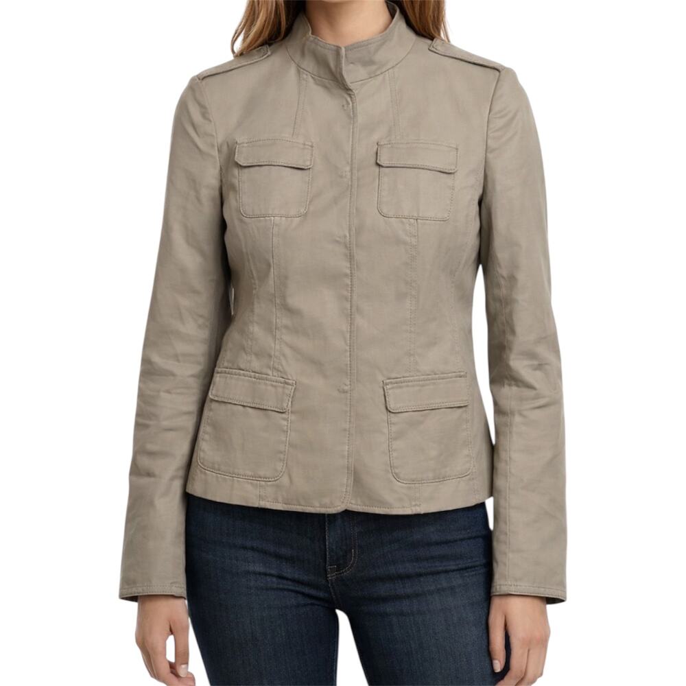 Tahari Military Jacket Utility Cargo Chest Hand Flap Pockets Tan Slim 8